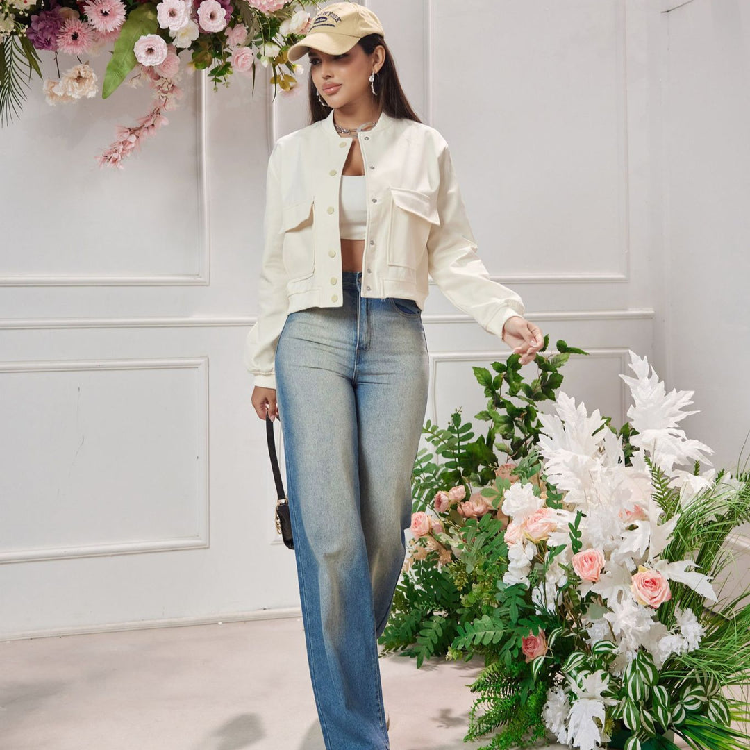 Damen Kurz geschnittene Utility-Jacke mit Stehkragen, Druckknöpfen und Pattentaschen Drune