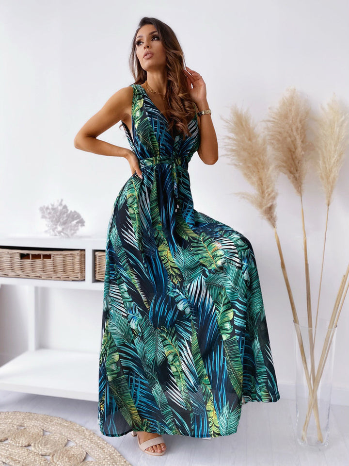 Damen Maxikleid mit V-Ausschnitt und raffiniertem Bindegürtel Drune