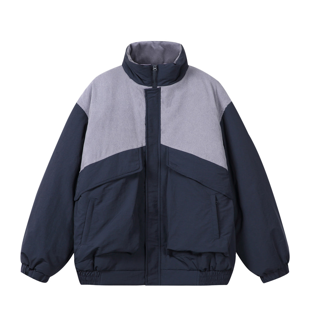 Unisex Boxy-Pufferblouson mit hohem Stehkragen, Cord-Schulterpasse und großen Pattentaschen Drune