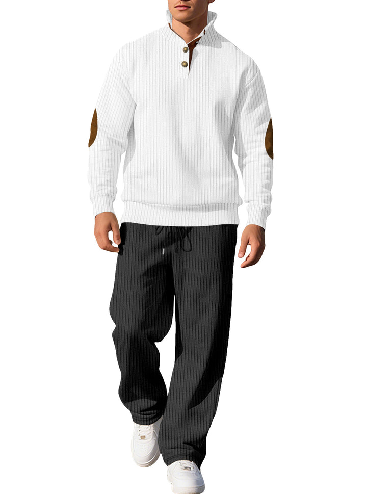 Herren nan feiner Rippstrickpullover mit halber Knopfleiste hohem Stehkragen und kontrastierendem Suedine-Ellbogenbesatz Drune