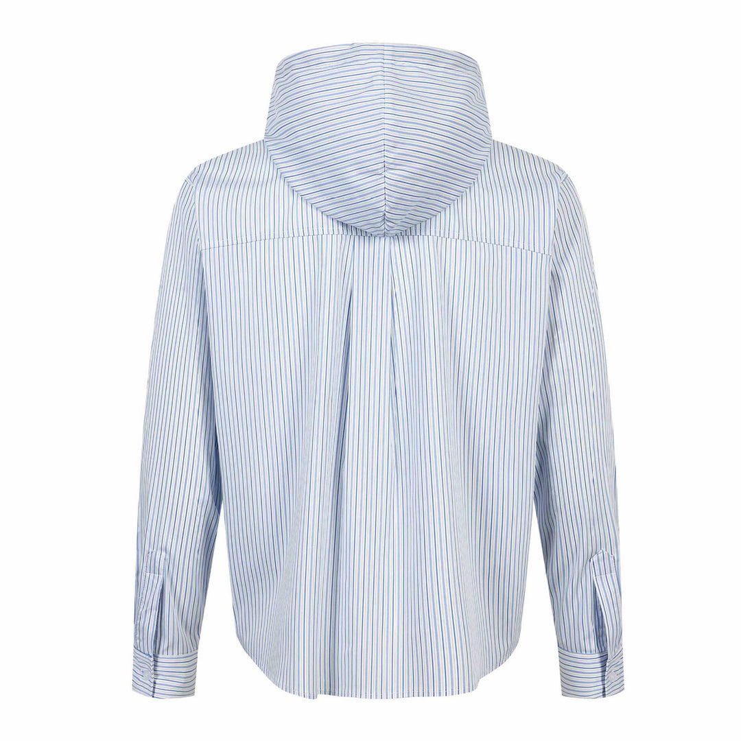 Unisex Gestreiftes Kapuzen‑Hemd im Overshirt‑Stil mit verdeckter Knopfleiste und Logo‑Stick Drune