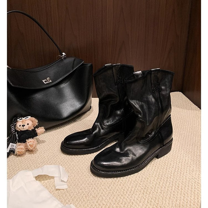 Damen Mid‑Calf Slouch Western‑Stiefel aus Glattleder mit Zuglaschen und profilierter Laufsohle Drune