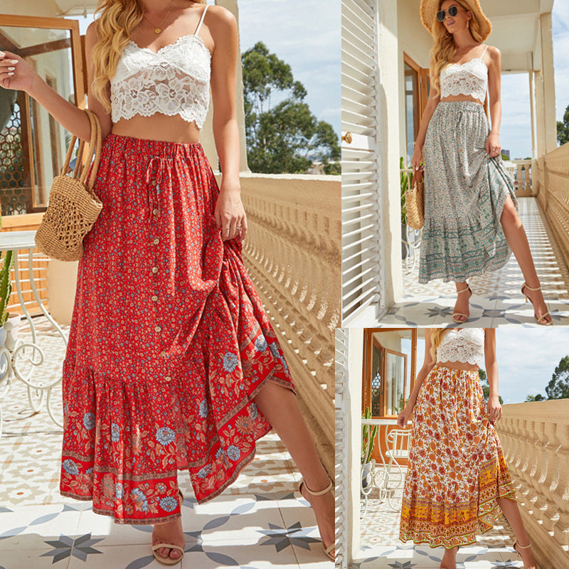 Damen Maxirock mit floralem Design und romantischem Volant Drune