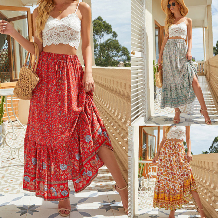 Damen Maxirock mit floralem Design und romantischem Volant Drune