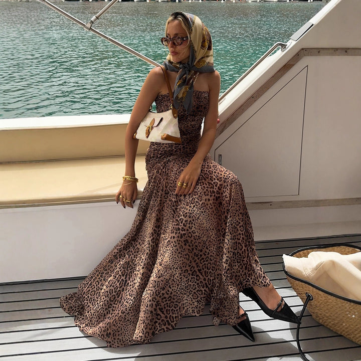Damen elegantes Wickelkleid mit Leopardenmuster und voluminösem Saum Drune