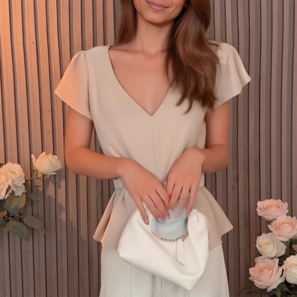 Damen Blusenshirt mit Taillengürtel und elegantem V-Ausschnitt Drune