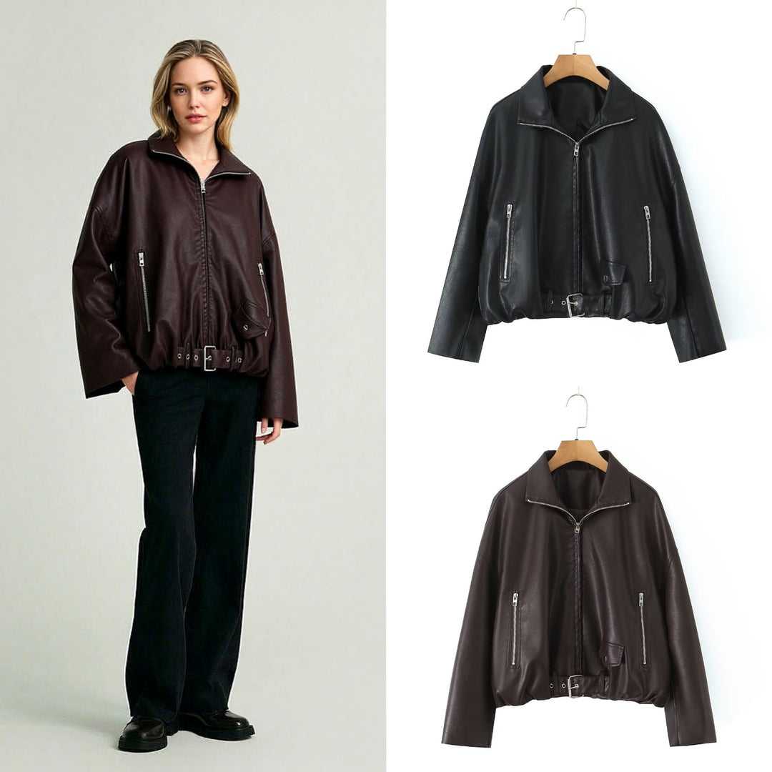 Damen Kunstlederjacke mit taillierbarem Gürtel und seitlichen Reißverschlusstaschen Drune