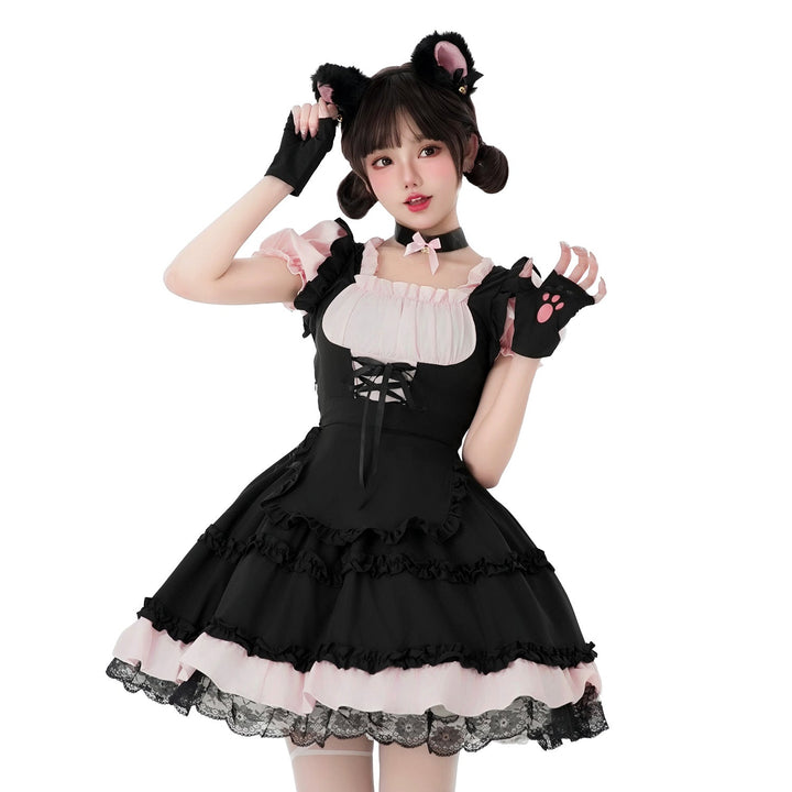 Damen verspieltes Katzenkostümkleid mit Rüschendetails und Zubehör Drune