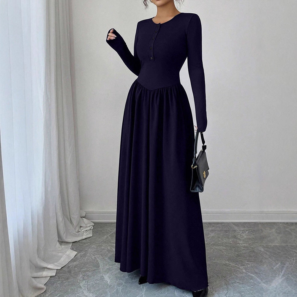 Damen Maxikleid mit eleganten Knopfdetails und fließendem Rockteil Drune