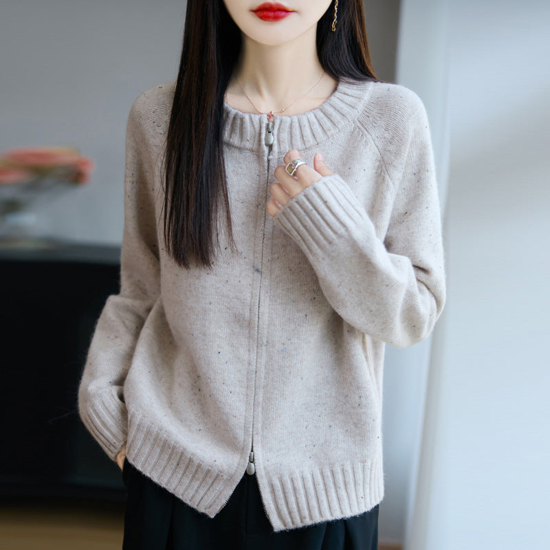 Damen Zip-Strickjacke mit Rundhalsausschnitt, feinem Nep‑Garn und gerippten Abschlüssen Drune