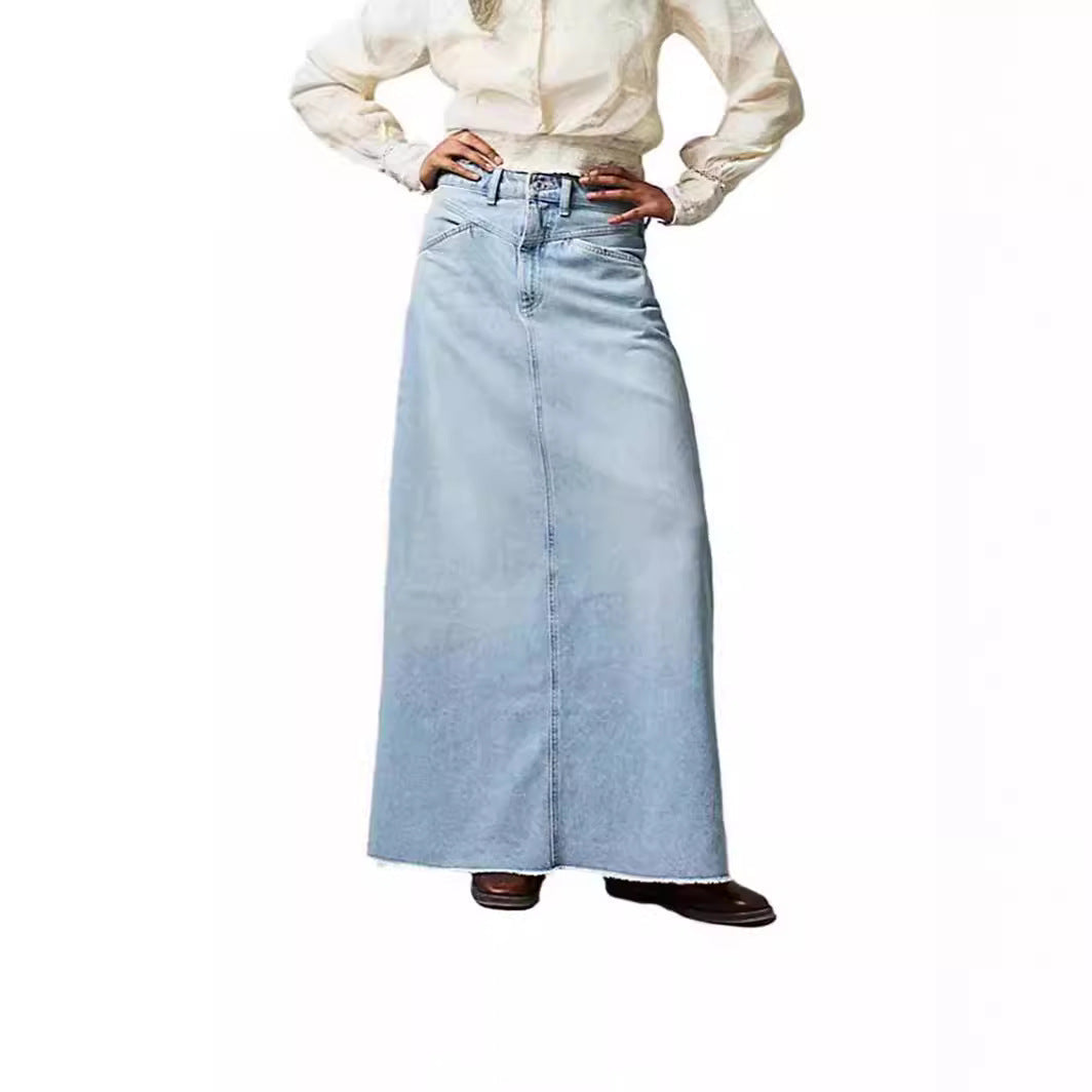 Damen Langer Denim-Rock mit hohem Bund und praktischen Taschen Drune