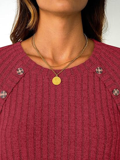 Damen Gerippter Rundhals-Pullover mit dekorativen Schulterknöpfen Drune