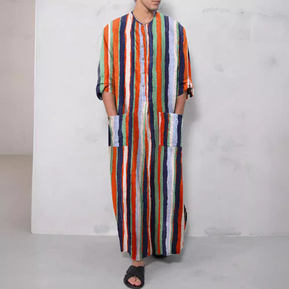 Herren nan lockerer Kaftan aus Leinenmischung mit Knopfleiste und aufgesetzten Taschen Drune