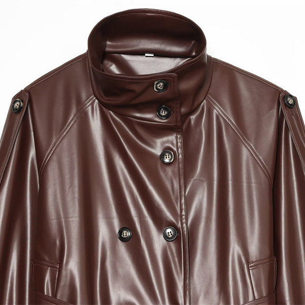 Damen Cropped Kunstlederblouson mit Hochkragen, doppelter Knopfleiste und Bindegürtel Drune