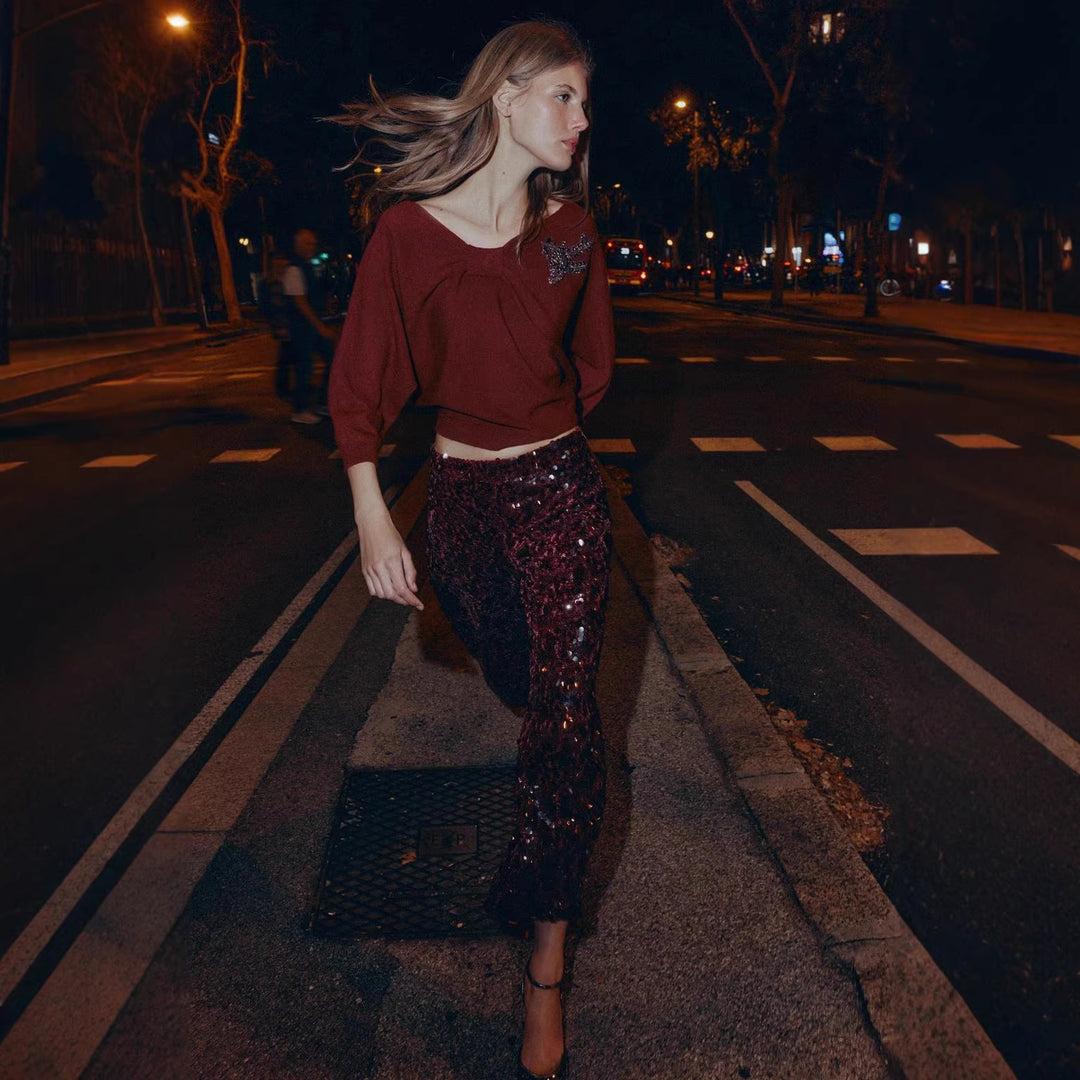 Damen glitzernde Paillettenhose mit hoher Taille und schmaler Silhouette Drune