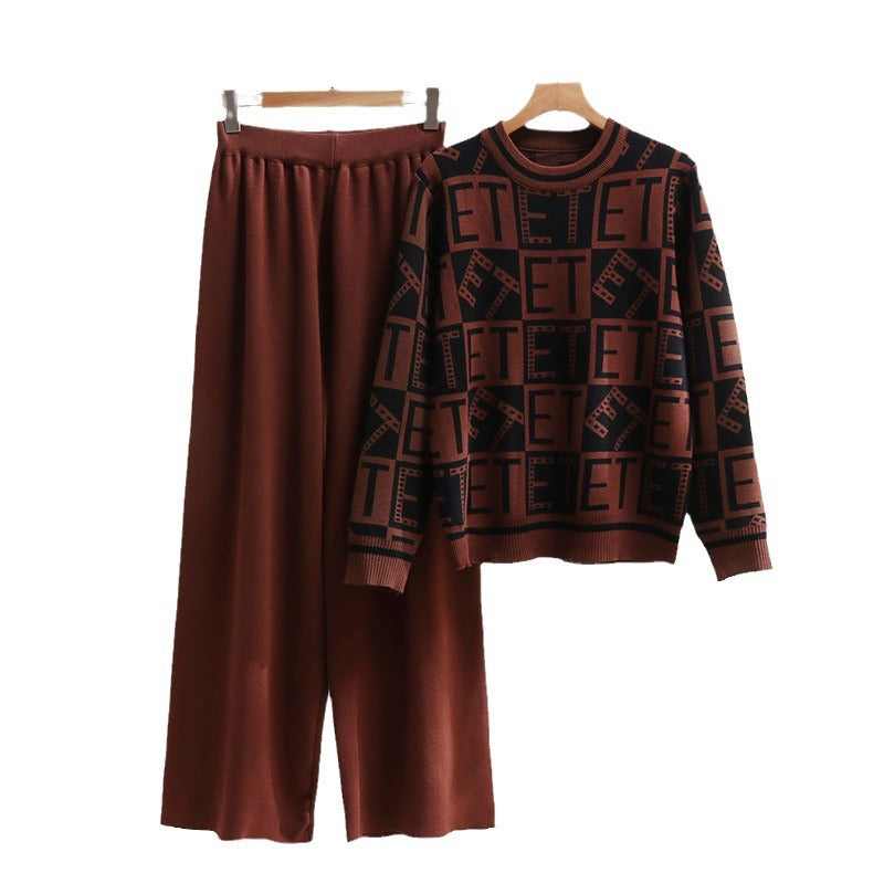 Damen lässiges Strick-Loungewear-Set mit grafischem Muster und weitem Schnitt Drune