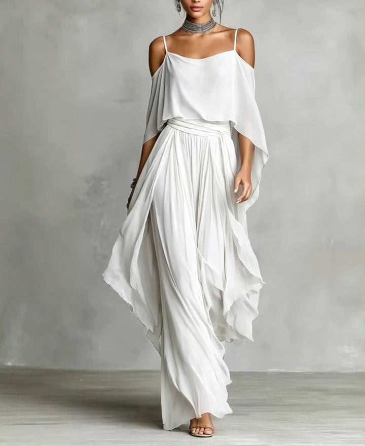 Damen Lange Chiffon Maxi Kleid mit Kaltem Schulter, Spaghetti-Träger und Geschichtetem Cape Drune