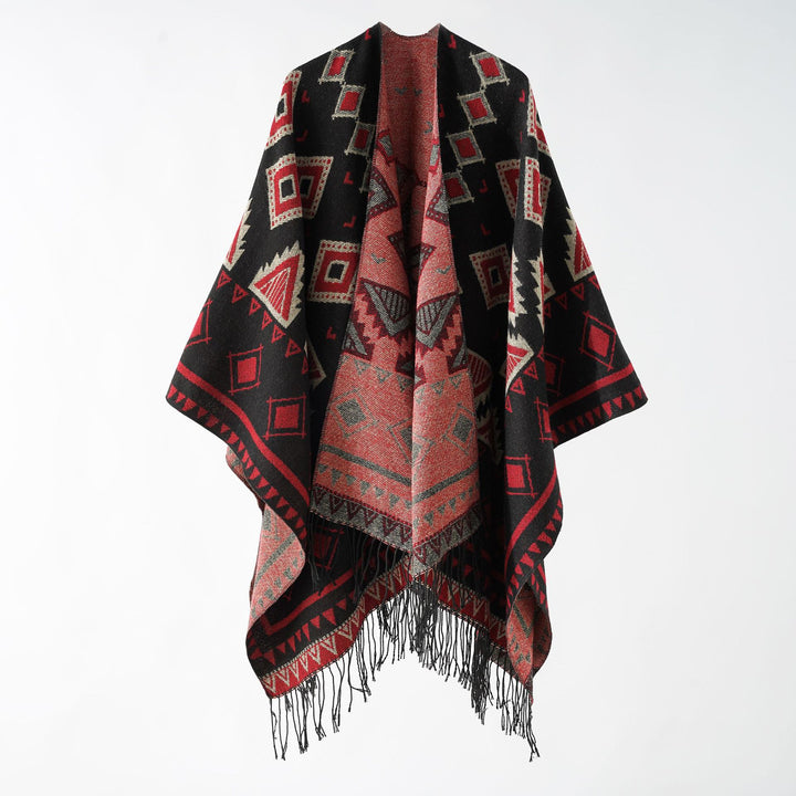 Damen Jacquard‑Wickelruana im Ethno‑Design mit Fransen und offenem Fall Drune