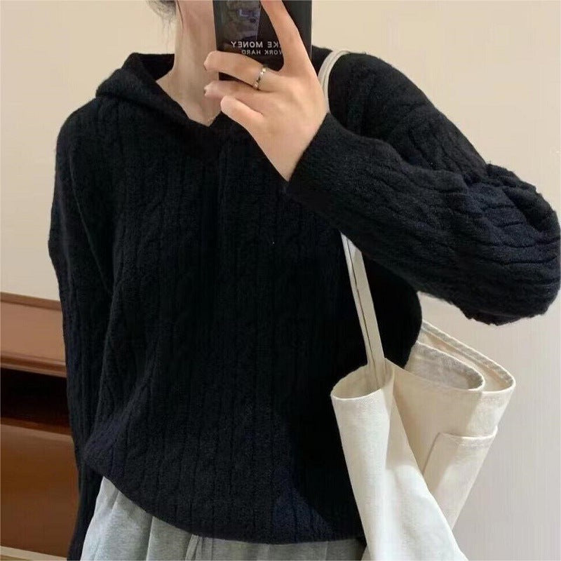 Damen Kuscheliger Strickpullover mit Kapuze und Kabelmuster Drune
