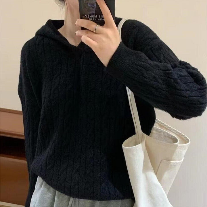 Damen Kuscheliger Strickpullover mit Kapuze und Kabelmuster Drune