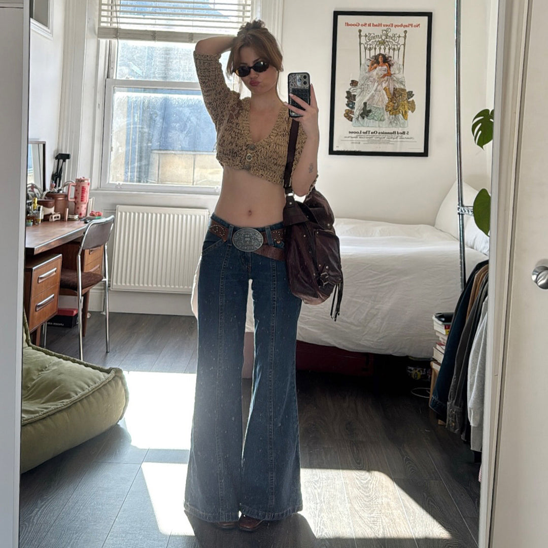 Damen Weite Jeanshose im Retro-Stil mit hohen Bund Drune