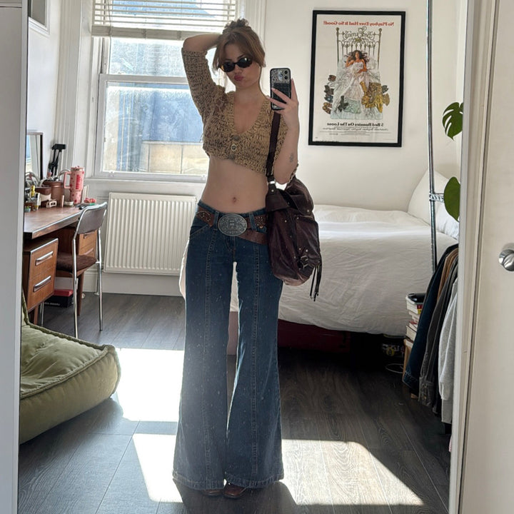 Damen Weite Jeanshose im Retro-Stil mit hohen Bund Drune