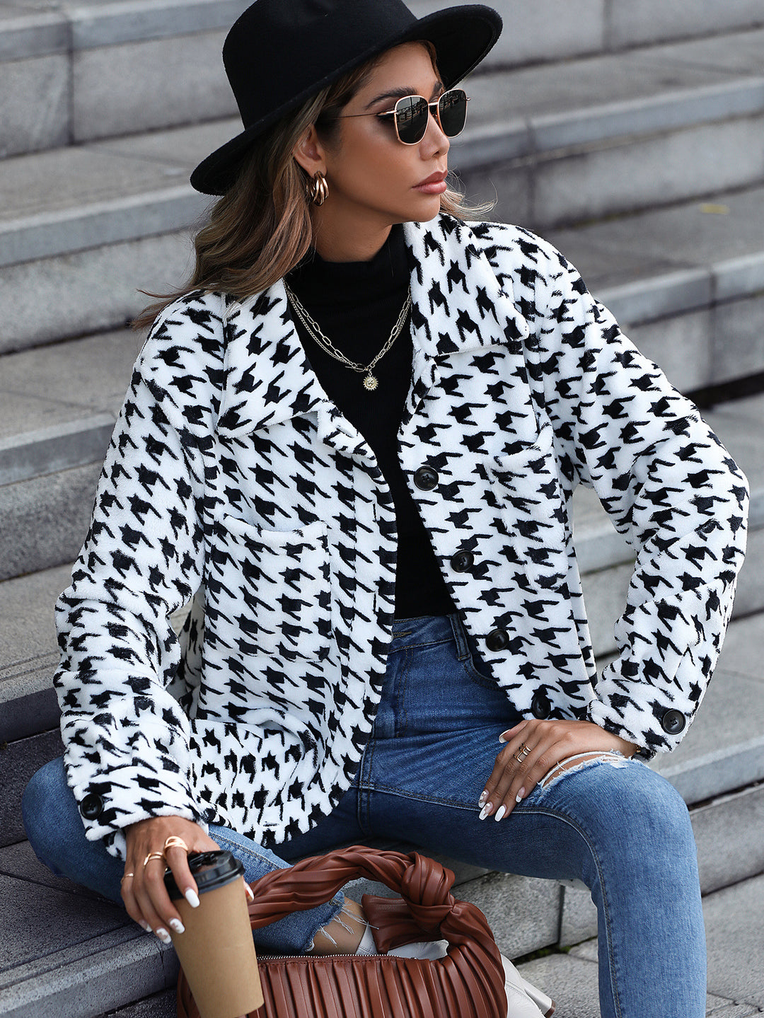 Damen Modische Plüschjacke mit Hahnentrittmuster und praktischen Taschen Drune