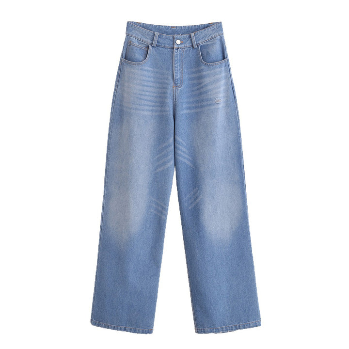 Damen High-Waist-Jeanshose mit weitem Bein, geradem Saum und dezenter Used‑Optik Drune