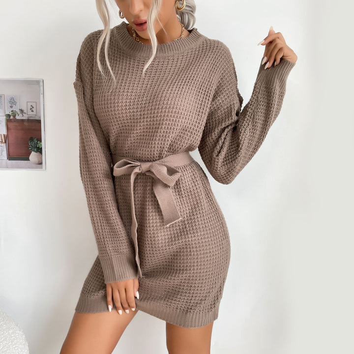 Damen Waffelstrick-Minikleid mit Tunnelzug-Taillengürtel und geripptem Saum Drune