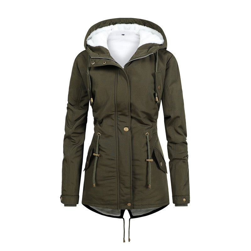 Damen Taillierter Parka mit Teddyfutter, verstellbarer Kapuze und Tunnelzug Drune