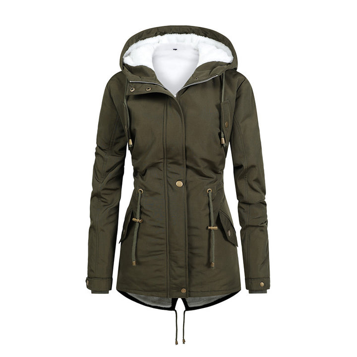 Damen Taillierter Parka mit Teddyfutter, verstellbarer Kapuze und Tunnelzug Drune