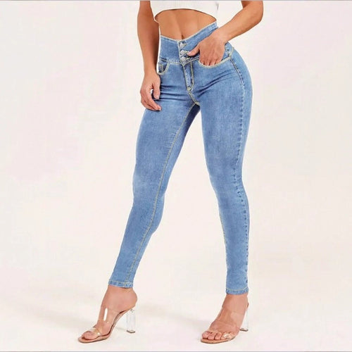 Damen High-Waist Sculpting-Skinny-Jeans mit taillenbildendem V-Bund und Doppelknopfverschluss Drune