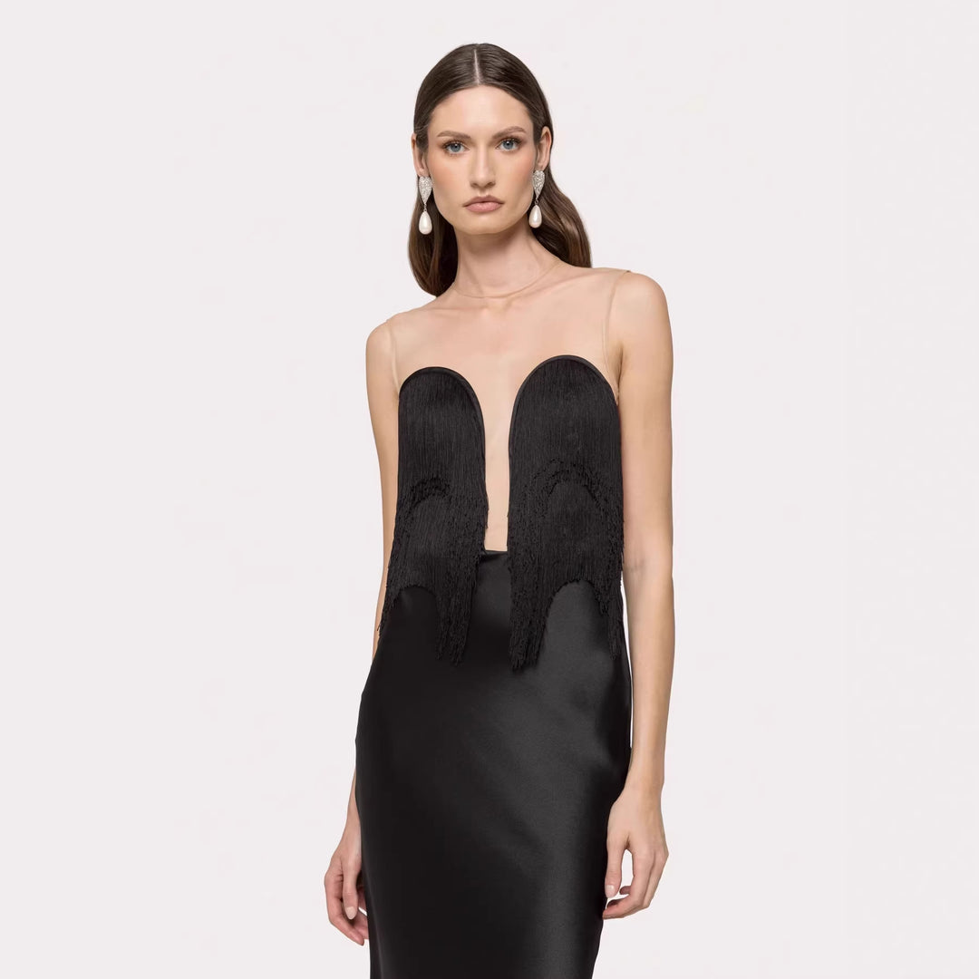 Damen Langärmliges Maxikleid mit tiefem V-Ausschnitt und fransierten Details Drune