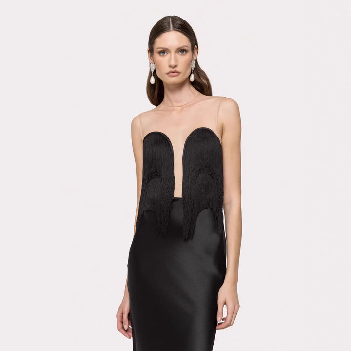 Damen Langärmliges Maxikleid mit tiefem V-Ausschnitt und fransierten Details Drune