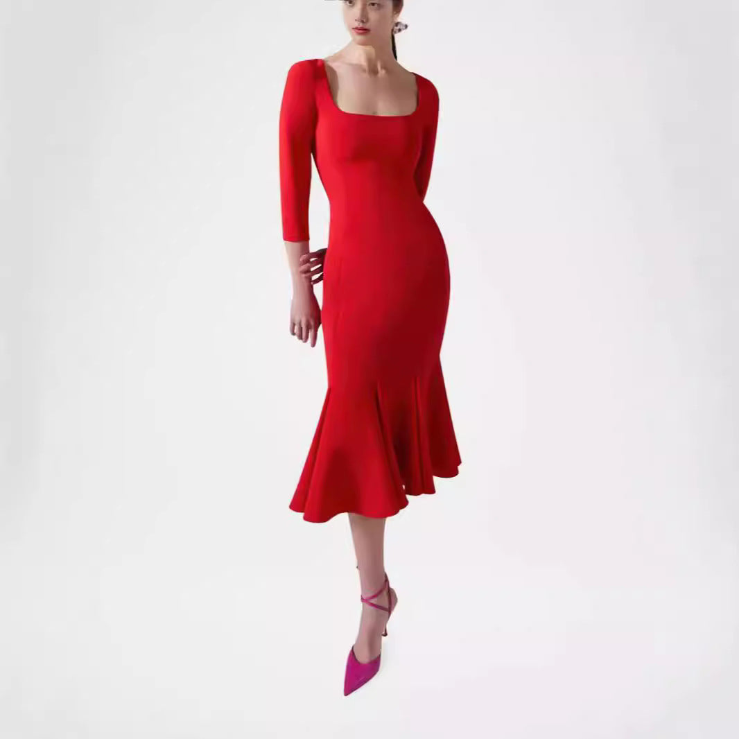 Damen Figurbetontes Midikleid mit quadratischem Ausschnitt und Meerjungfrauen-Saum Drune