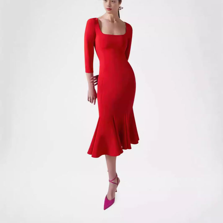 Damen Figurbetontes Midikleid mit quadratischem Ausschnitt und Meerjungfrauen-Saum Drune