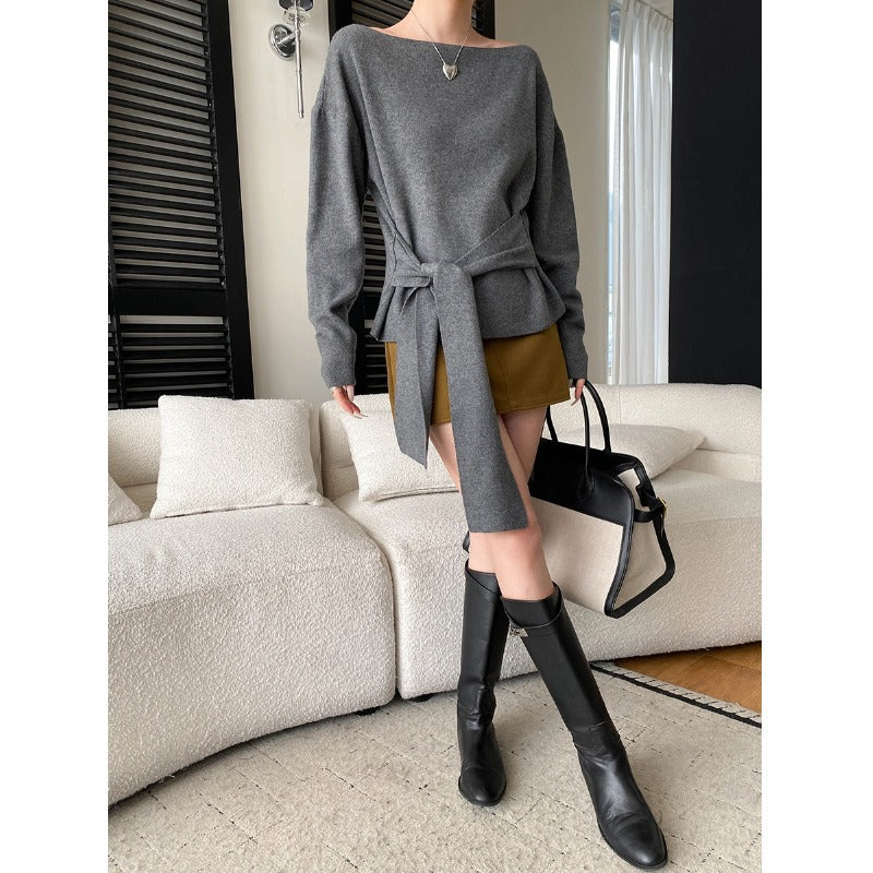 Damen eleganter Wollpullover mit modischem Bindegürtel Drune