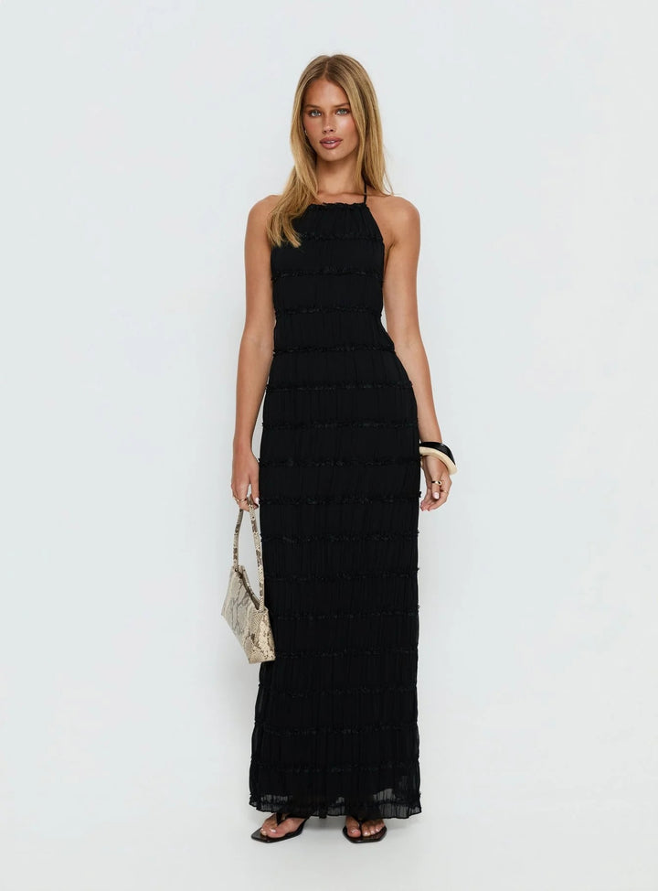 Damen Maxikleid mit schulterfreiem Design und fließenden Rüschen Drune