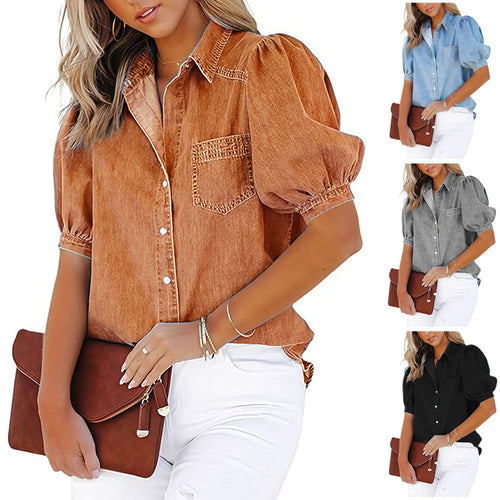 Damen lässige Denim-Bluse mit ballonärmel und praktischer Brusttasche Drune