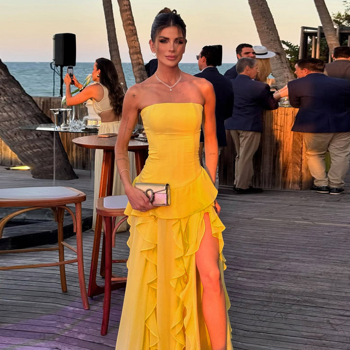 Damen elegantes Maxikleid mit Rüschendetails und figurbetonter Silhouette Drune
