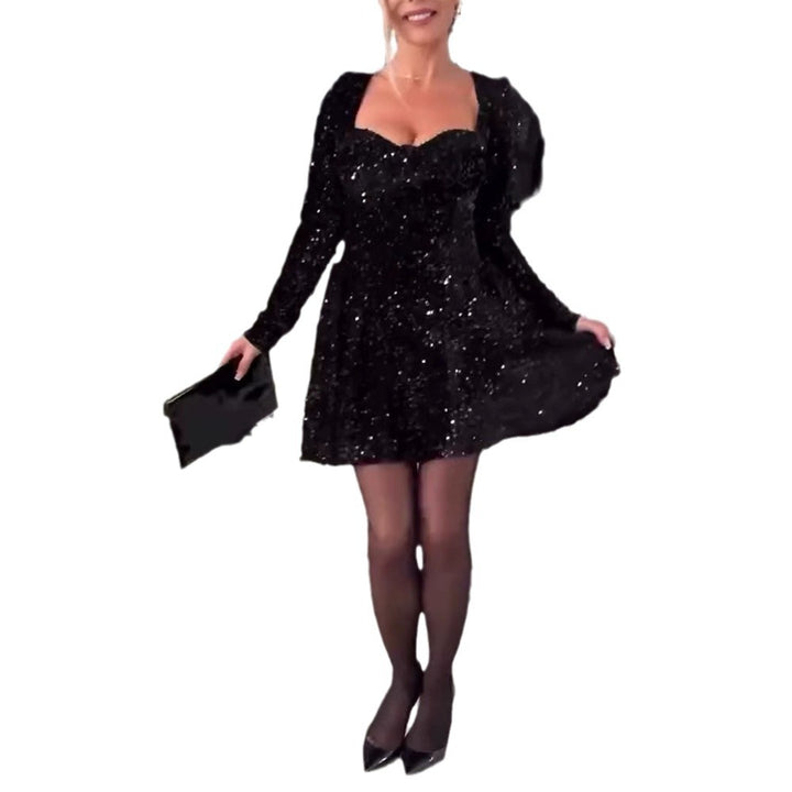 Damen nan kurzes Pailletten‑Skaterkleid mit Herz-Ausschnitt, taillierter Silhouette und langen Ärmeln Drune