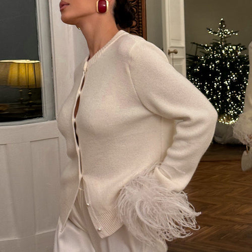 Damen Perlenknopf-Cardigan mit Kunstfeder-Bündchen Drune