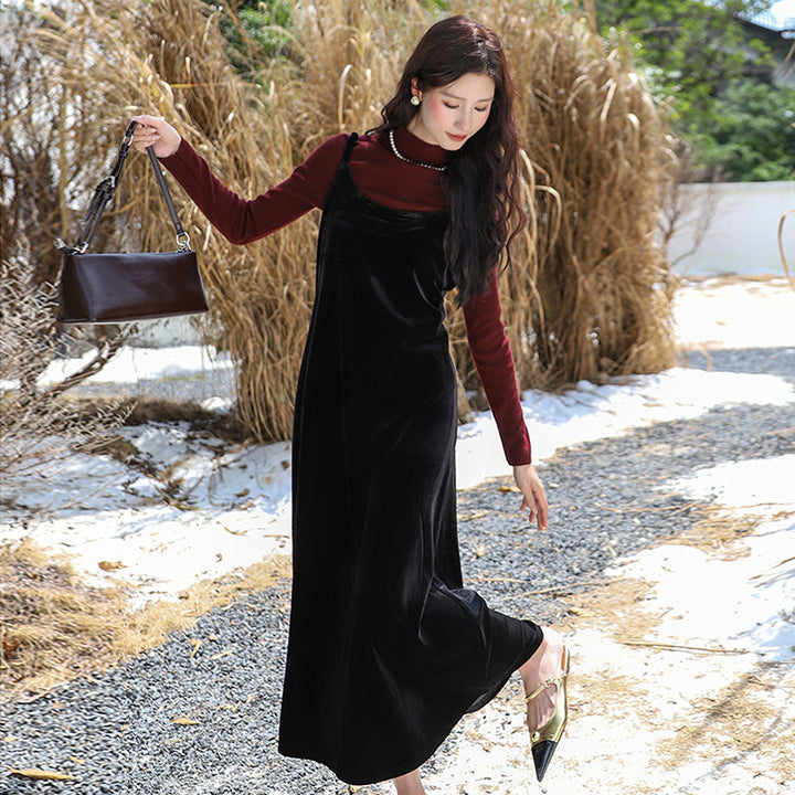 Damen nan elegantes Samt-Camisole-Maxikleid mit schmalen Trägern, geradem Fall und fließender Silhouette Drune
