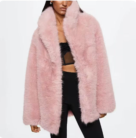 Damen Kurzer luxuriöser Kunstpelzmantel mit voluminösem Schalkragen und Boxy‑Silhouette Drune