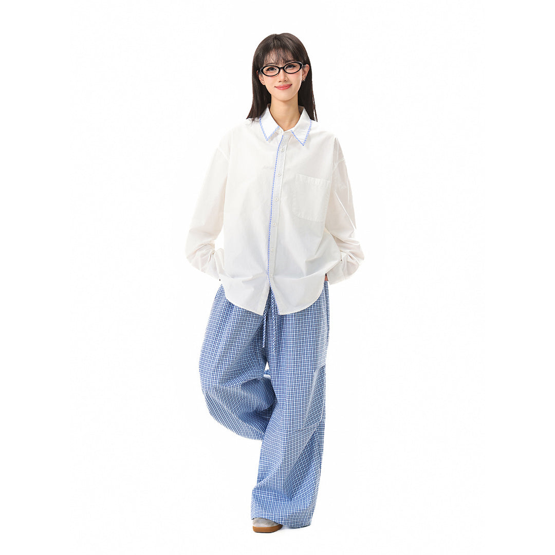 Damen Oversize-Hemdbluse mit kontrastierter Kragenpaspel und Brusttasche Drune