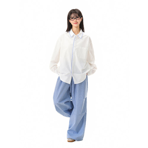 Damen Oversize-Hemdbluse mit kontrastierter Kragenpaspel und Brusttasche Drune