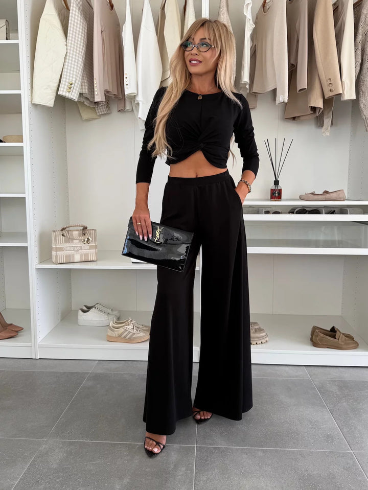 Damen figurnahes Twist-Cropped-Shirt mit weitem High-Waist Palazzo-Hose aus fließendem Jersey Drune