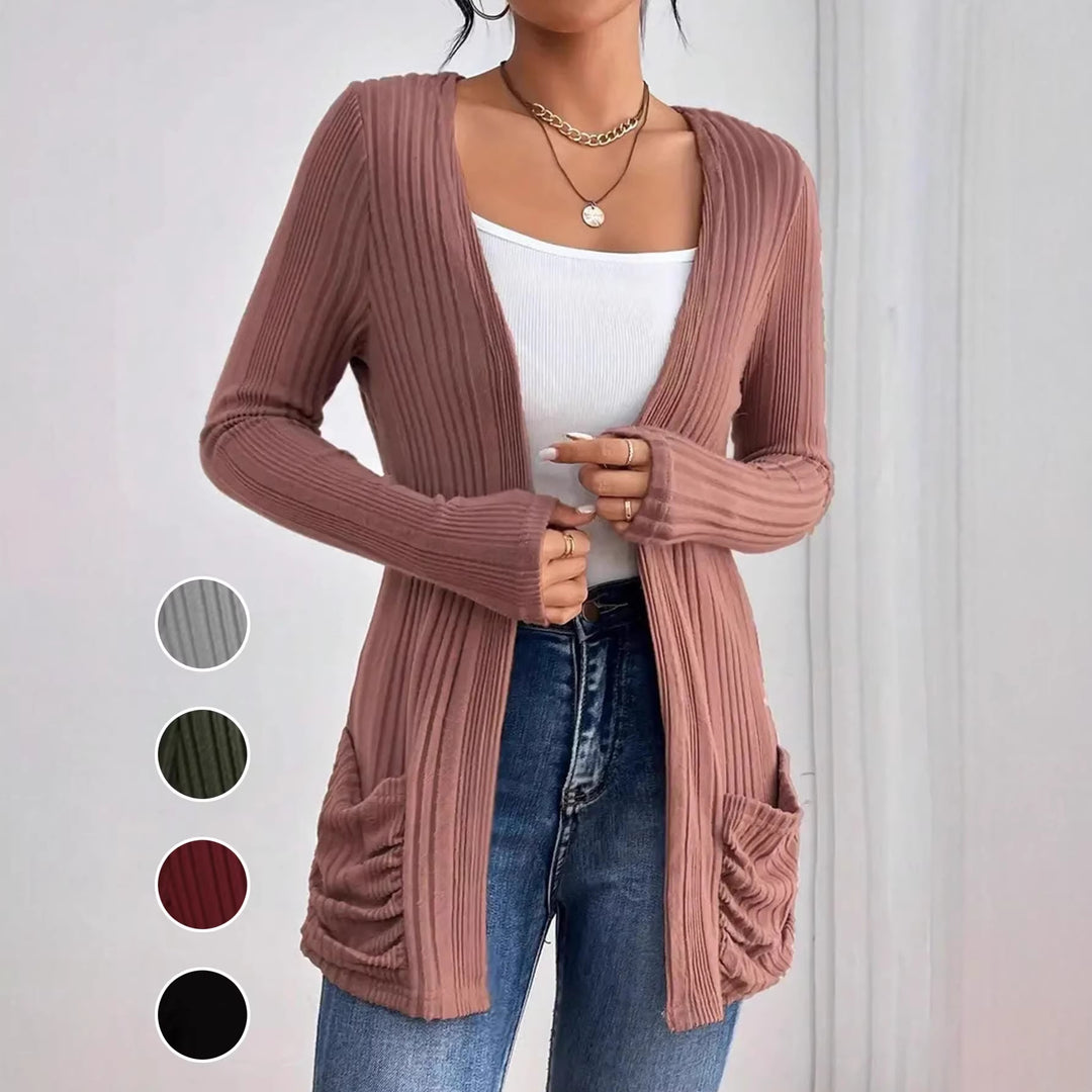 Damen Gerippter Langcardigan mit offener Front, Eingrifftaschen und legerer Passform Drune