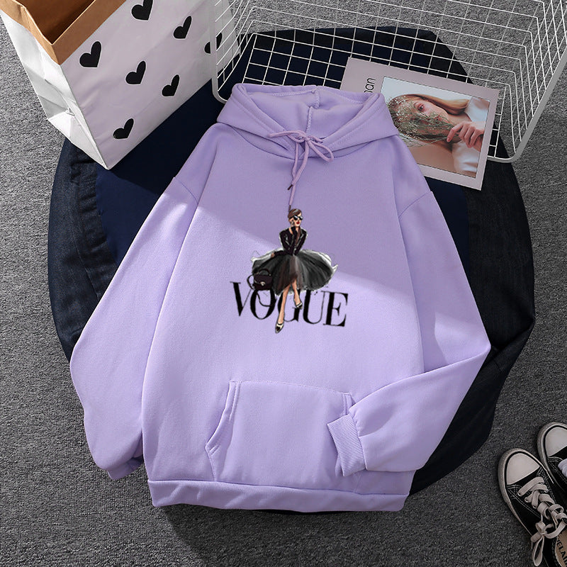 Damen nan modischer Kapuzenpullover mit Fashion-Illustration, geräumiger Eingrifftasche und kuscheligem Fleece Drune