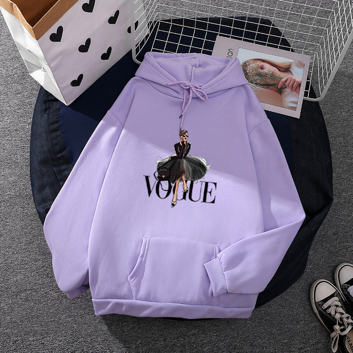 Damen nan modischer Kapuzenpullover mit Fashion-Illustration, geräumiger Eingrifftasche und kuscheligem Fleece Drune